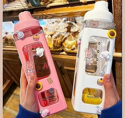 Grimer 700ml Kawaii Bear Water Bottle With Straw Plastic Portable Square Drinking Bottle Large Kawaii Water Bottle for Girl Cute Juice Tea Water Cups
