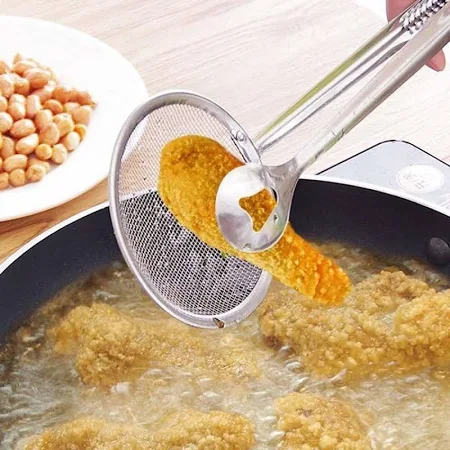Multi-functional 2 1 Fry Tool Filter Spoon Strainer Clip,Oil Frying Bbq Filter Stainless Steel Mesh Strainer Collapsible Strainer